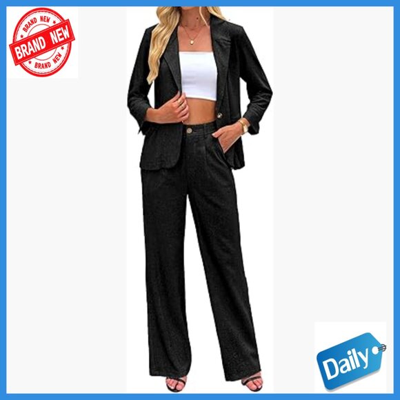 Linen Blazer Set with Wide Leg Pants Business Casual 2-Piece Outfit